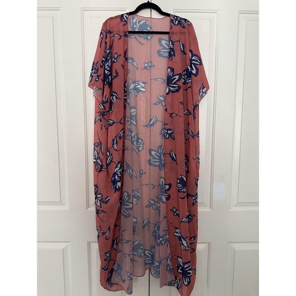 Floral Kimono Cardigan Women XXL Orange Blue Sheer Lightweight Open Front Duster